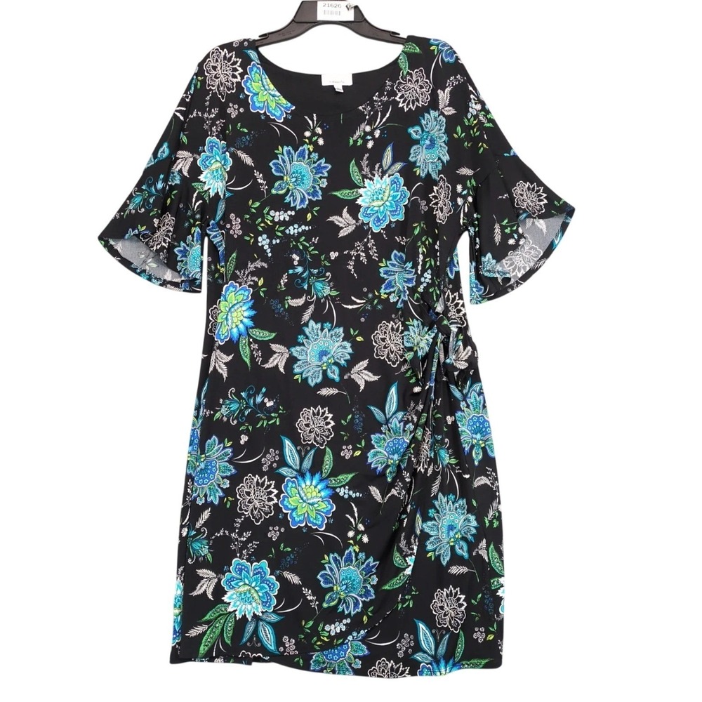 Signature by Robbie Bee Black Floral Knee-Length Wrap Dress Sz L Raised Print